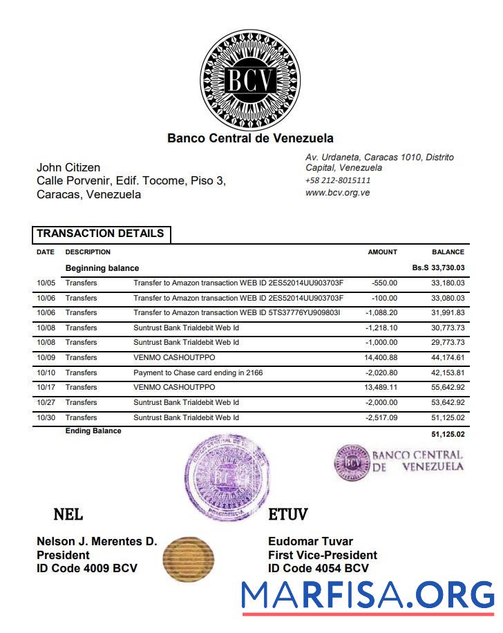 Downloadable Venezuela Banco Central de Venezuela bank statement word real example